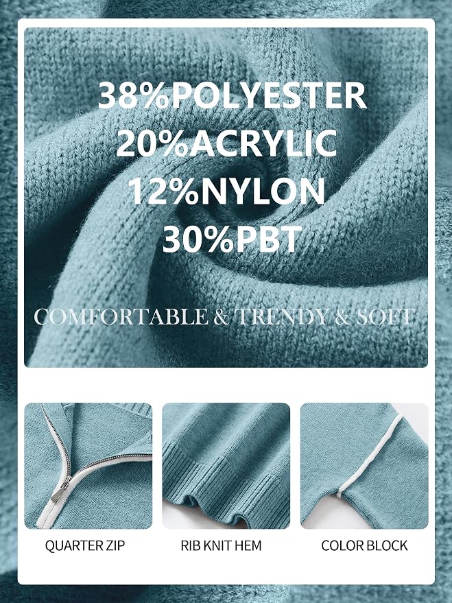 ANRABESS Womens Quarter Zip Sweaters Fall Long Sleeve V Neck Shirts Collared Business Casual Tops Knit Pullover Sweatshirts