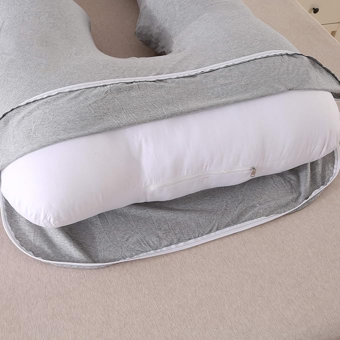 Amagoing 57 inches Pregnancy Pillows for Sleeping, U Shaped Maternity Full Body Pillow for Pregnant Women with Hip, Leg, Back, Belly Support, Washable Jersey Cover Included (Light Gray)