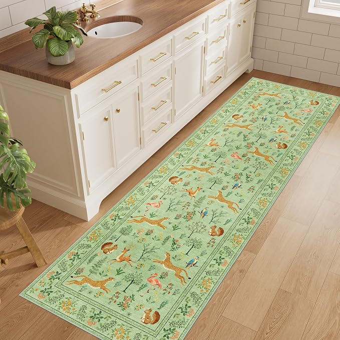 DUKINO 2x6 Runner Rug, Washable Animal Kitchen Rugs Non Slip, Light Green | Soft, Low Pile, Stain Resistant Indoor Carpet for Hallway, Entryway, Bedroom, Bathroom, Laundry,Pet Friendly, Lightweight