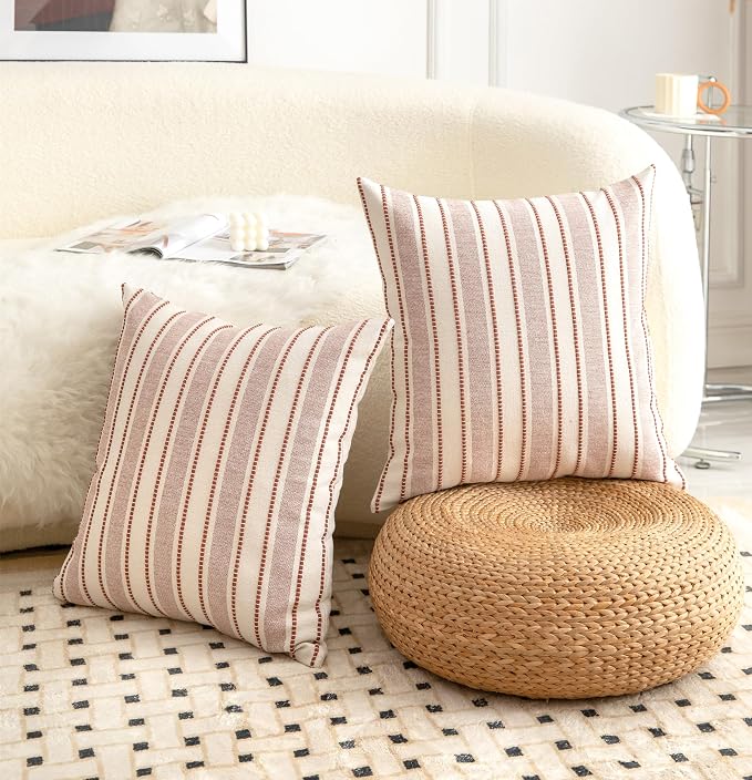 Cethom Decorative Boho Throw Pillow Covers, Farmhouse Textured Pillow Case, 18 x 18 Inch Set of 2, Chair Sofa Bedroom Living Room Home Decor Couch Cushion Case, Rust and Beige Striped