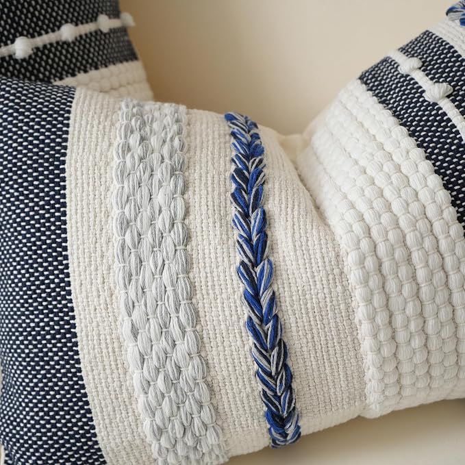 Navy Dark Blue Boho Decorative Lumbar Pillow Cover 14x36, Long Body Pillow for Bed, Accent Lumbar Throw Pillow for Couch, Modern Farmhouse Textured Pillowcase
