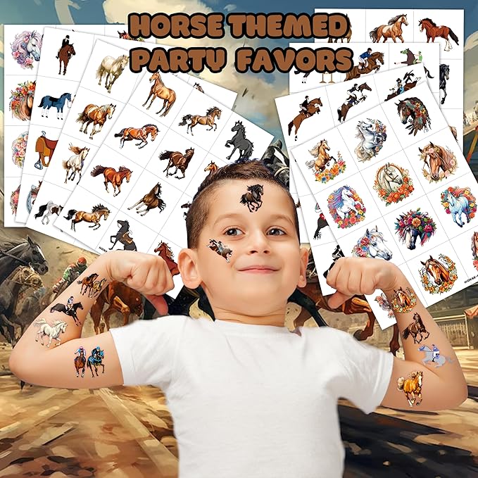 96 PCS Floral Cowgirl Horse Derby Pre-Cut Temporary Tattoos Birthday Party Favors Decorations Supplies Stickers Racing Pink Wild Horse Rodeo Cowboy Girls Boys Men Gift School Prizes Rewards (Normal)