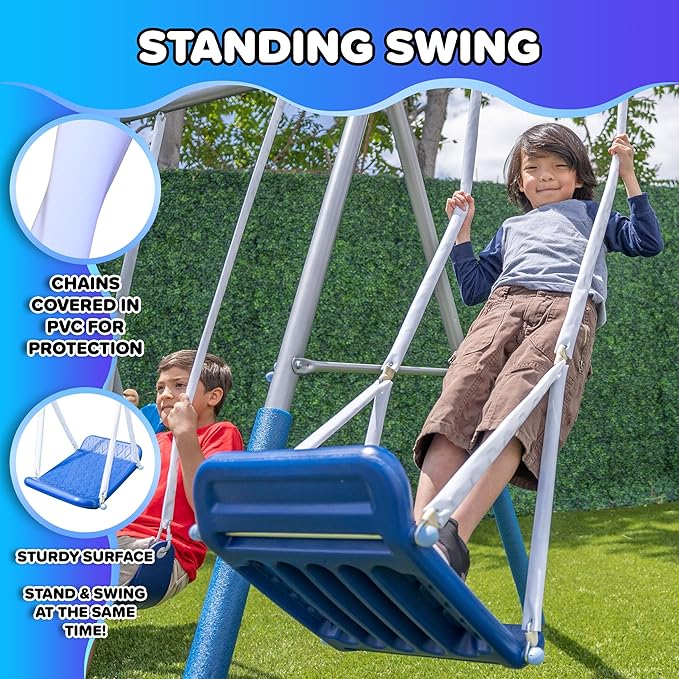 Sportspower Super Surfer Metal Swing Set with 6ft Slide, Skyflyer, Surfboard, Standing & Classic Sling Swing, for Ages 3-8