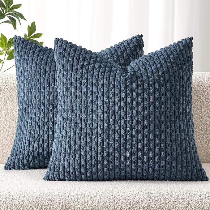 MIULEE Decorative Throw Pillow Covers 18x18 Blue Textured Corduroy | Pack of 2 Striped Pillow Covers Modern Farmhouse Coastal Home Decor for Couch Bed Sofa Living Room