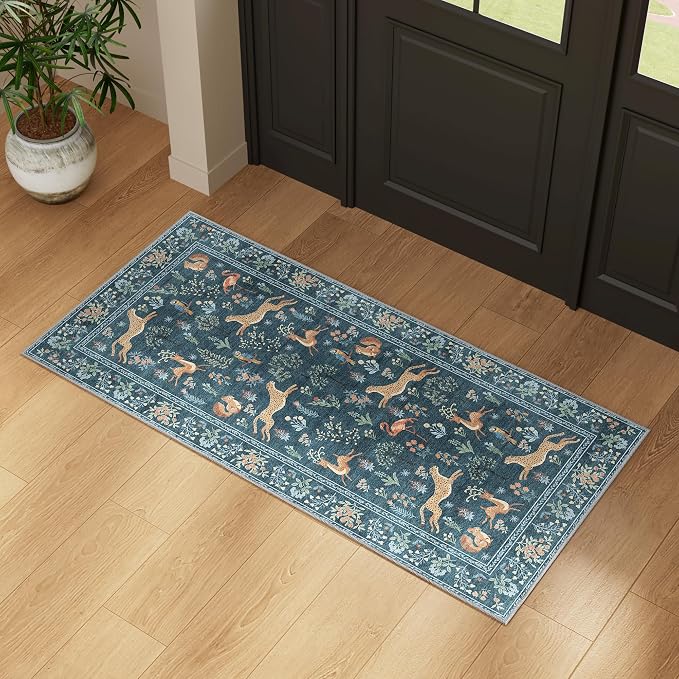 DUKINO 2x4 Rug for Entryway, Animal Washable Runner Rug for Kitchen, Blue | Non Slip, Low Pile, Stain Resistant Thin Indoor Carpet for Hallway, Bedroom, Bathroom, Laundry, Pet Friendly, Non-Shedding