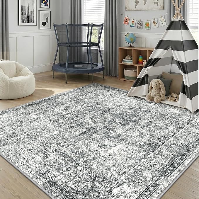 CAPALOCA Square 6ft Washable Nursery Girls Low Pile Area Rug Grey | Non-Slip Soft Rugs for Bedroom Kids Playroom Living Room, Print Pattern Water Repellent Carpet Indoor Decor