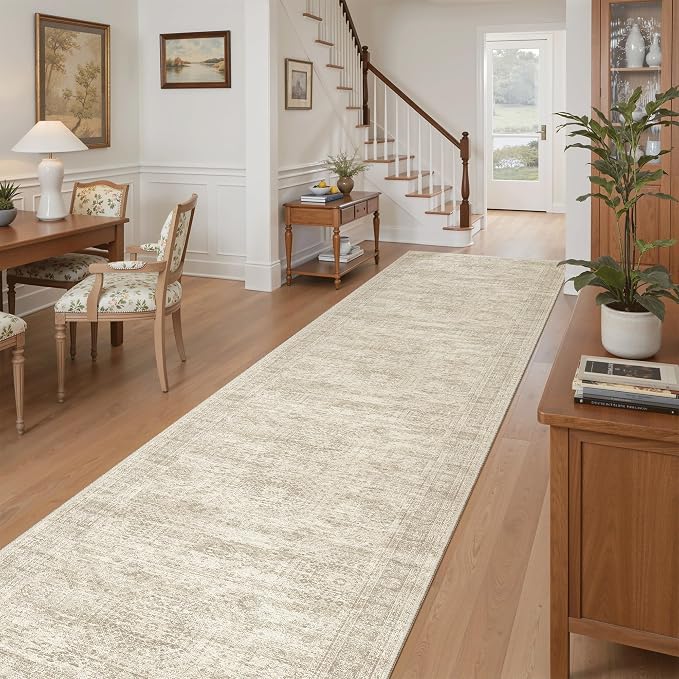 Soalmost Washable 3x12 Hallway Runner Rug Non-Slip Kitchen Entry Rugs Beige | Vintage Long Runners 12ft for Bathroom Entryway, Foldable Low-Pile Wide Floor Carpet Mat for Corridor Laundry Room Bedroom