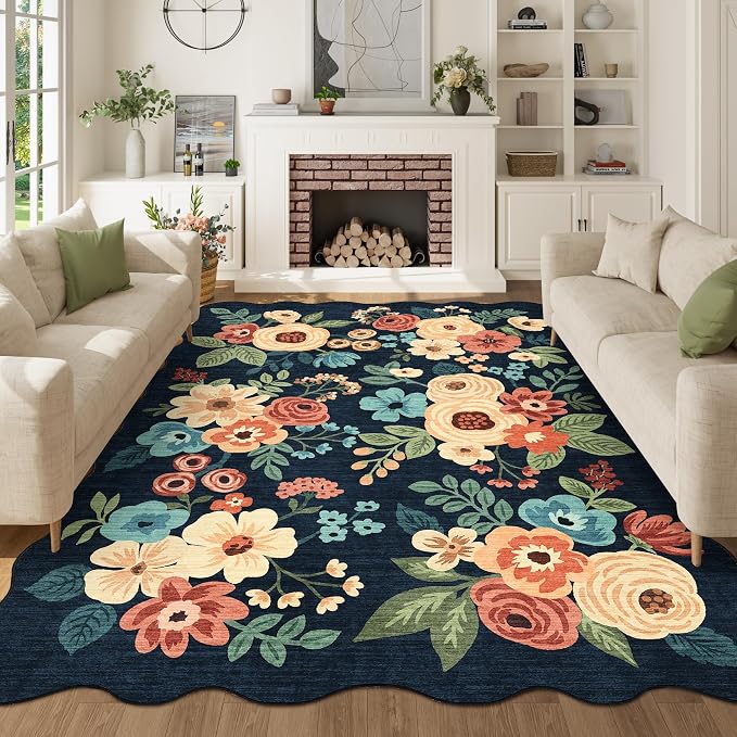 DUKINO 5x7 Area Rugs for Bedroom, Floral Washable Rug Non Slip, Navy Blue | Low Pile, Soft, Stain Resistant Throw Rugs for Living Room, Dining Room, Office, Nursery, Pet Friendly, Modern Home Decor