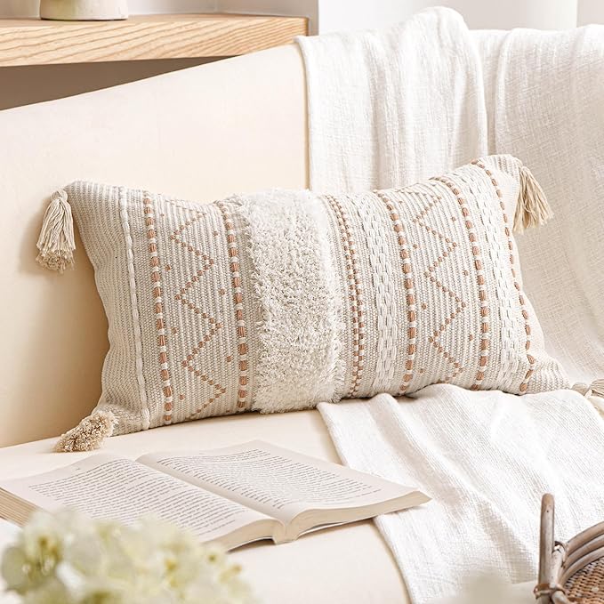 12x20 Lumbar Pillow Cover, Cream Neutral Beige Rectangular Decorative Cushion Cover, Boho Accent Pillowcase with Tufted Details and Tassels for Couch Sofa Living Room (Cover Only)