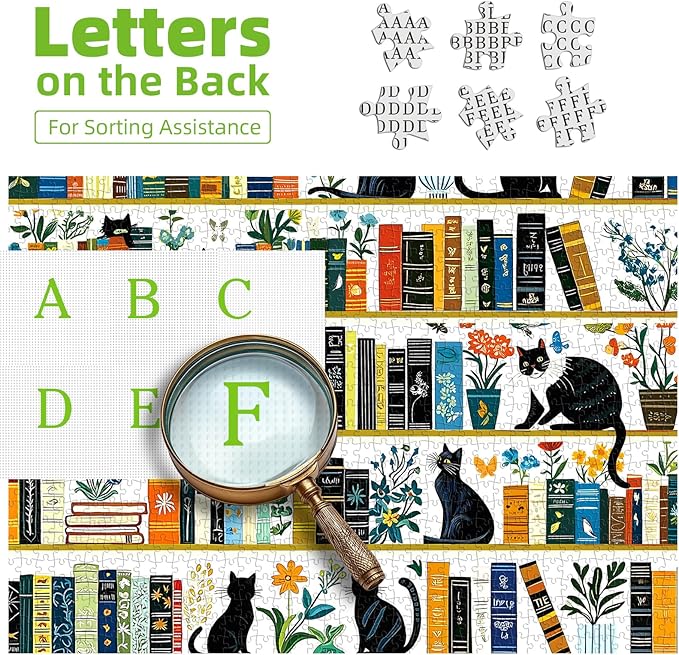 500 Piece Jigsaw Puzzle for Adults - Vintage Cats & Bookshelf Botanical Blooms Puzzle, 20x20 Inch Unique Art Puzzle, Challenging Hard Difficult Puzzles for Adults