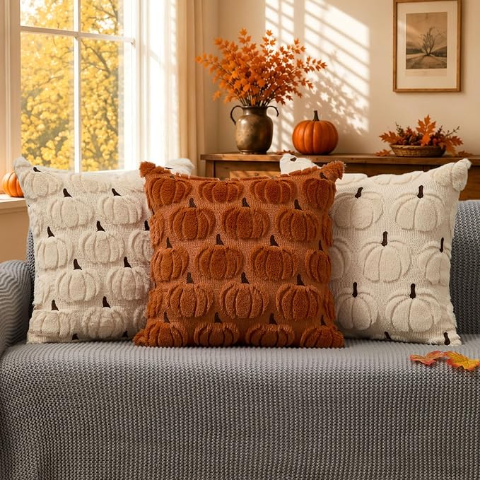 DFXSZ Fall Pillow Covers 22x22 2Pcs Beige Brown Pumpkin Fall Decorations | Fall decor Set of 2 Throw Pillow Cases Soft Plush Faux Fur Wool Couch Cushion for Chair Sofa Bedroom Living Room Home Decor