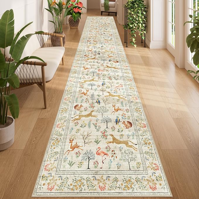 DUKINO 2.6x14 Runner Rug for Hallway, Washable Animal Rug Non Slip, Beige | Soft, Low Pile, Stain Resistant Indoor Long Runner Rug for Entryway, Kitchen, Bedroom, Bathroom, Pet Friendly, Non-Shedding