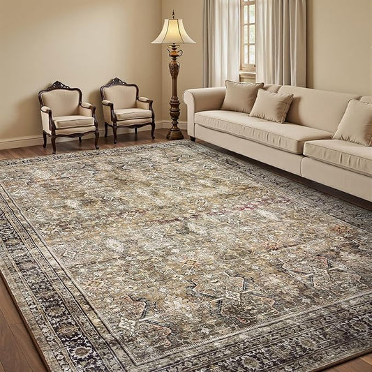 6x9 Area Rugs for Living Room, Non-Slip Washable Brown Vintage Carpet | Soft Area Rugs for Bedroom Dining Room Home Office Indoor Nursery, Stain Resistant, Low Pile, Vintage Distressed Rug