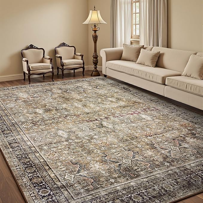 5x7 Area Rugs for Living Room, Non-Slip Washable Brown Vintage Carpet | Soft Area Rugs for Bedroom Dining Room Home Office Indoor Nursery, Stain Resistant, Low Pile, Vintage Distressed Rug