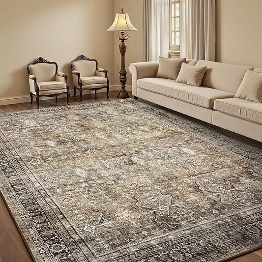 5x7 Area Rugs for Living Room, Non-Slip Washable Brown Vintage Carpet | Soft Area Rugs for Bedroom Dining Room Home Office Indoor Nursery, Stain Resistant, Low Pile, Vintage Distressed Rug