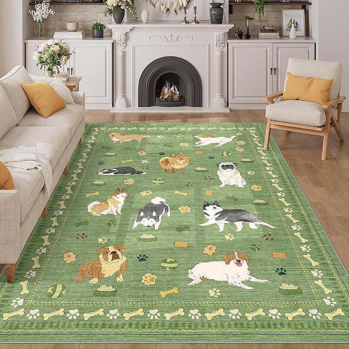 DUKINO 5x7 Area Rugs, Washable Dog Rug for Kids Room Non Slip, Green | Low Pile, Stain Resistant, Soft Animal Carpet for Living Room Bedroom Dining Room Farmhouse, Kid & Pet Friendly, Non Shedding