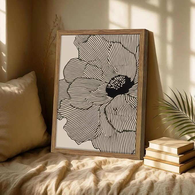 Framed Abstract Floral Wall Art, Neutral Lines Flower Canvas Wall Decor Painting, Modern Minimalist Botanical Poster Print Picture for Living Room Bedroom Bathroom 16x24 Inch