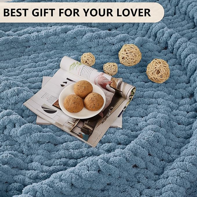 L'AGRATY Chunky Knit Throw Blanket for Couch, 72 x 84 Inches, Airy Blue | Handmade Chenille Crochet Blanket for Sofa Bed, Thick Cable Knitted Blankets for Room Home Decor, Birthday Gift for Women Mom