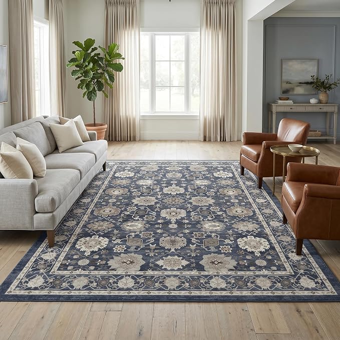 AMADA HOMEFURNISHING 9x12 Area Rug for Living Room, Vintage Washable Area Rug Low-Pile & Non-Slip Carpet for Bedroom Dining Room Nursery Home Office, Navy Blue/Brown
