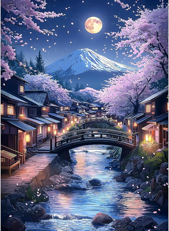 Puzzles for Adults 500 Pieces, Cherry Blossom Jigsaw Puzzles - Cherry Blossom Village, Impossible Unique Puzzle for Seniors Family, 20.47 x 14.96 inches, 1:1 Poster, Letter on The Back
