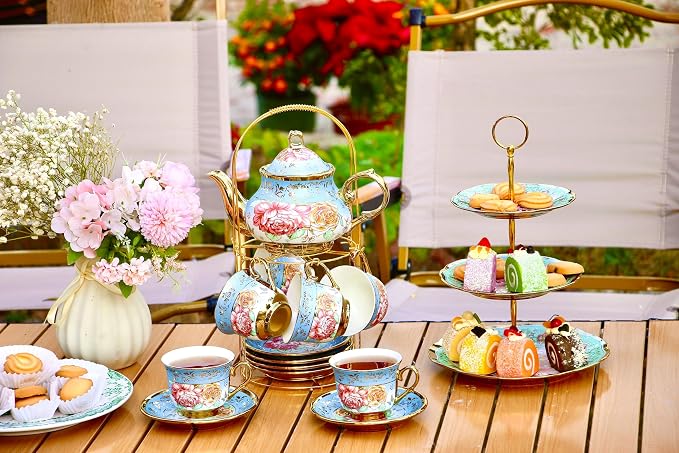 20 Pieces Porcelain Tea Set With Metal Holder, European Ceramic tea set for adults,Flower Tea Set,Tea Set For Women With Flower Painting