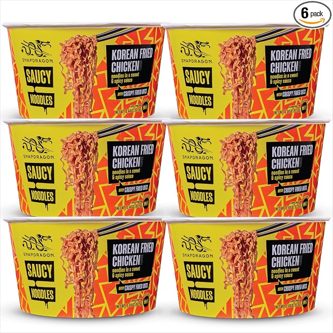 Snapdragon Saucy Instant Noodles with Korean Fried Chicken Sauce - Quick Meal, Snack, and Lunch. 6-Pack Microwave Noodles for Cup, Bowl, Ramen or Asian Stir Fry