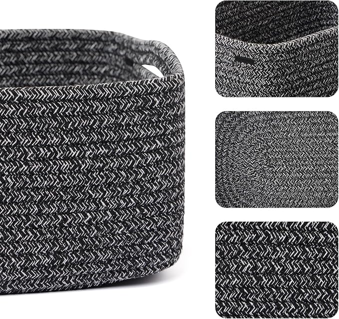 MiniArk Small Storage Baskets for Organizing | Closet Organizer Bins | Shelf Toy Basket | Woven Rope Baskets | Cube Decorative Box | Shallow Basket | 13x8.5x5.1” | 3 Packs Dark Gray