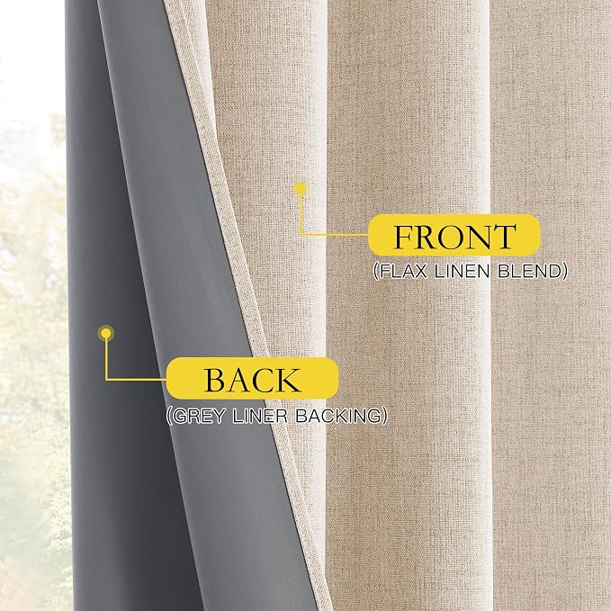 NICETOWN 100% Blackout Linen Curtains 108" Length, Thermal Insulated Long Drapes with Light Blocking Liner, Farmhouse Style Window Draperies for Hall/Villa, Living Room (2 Panels, 52" Wide)