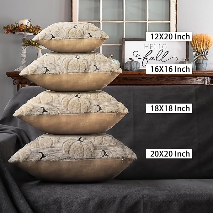 Fall Pumpkins Decorative Pillow Covers 20x20 Set of 2, Beige Soft Plush Faux Fur Wool Farmhouse Throw Cushion Cases for Autumn Thanksgiving Holiday Home Decorations