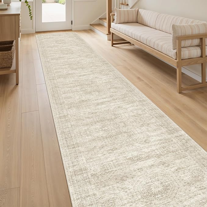 Soalmost Runner Rug 2x10 Washable Non-Slip Hallway Kitchen Runners Beige | Stain Resistant Vintage Rugs for Bathroom Laundry Room, Low Pile Foldable Floor Carpet Mat for Entryway Corridor Bedroom
