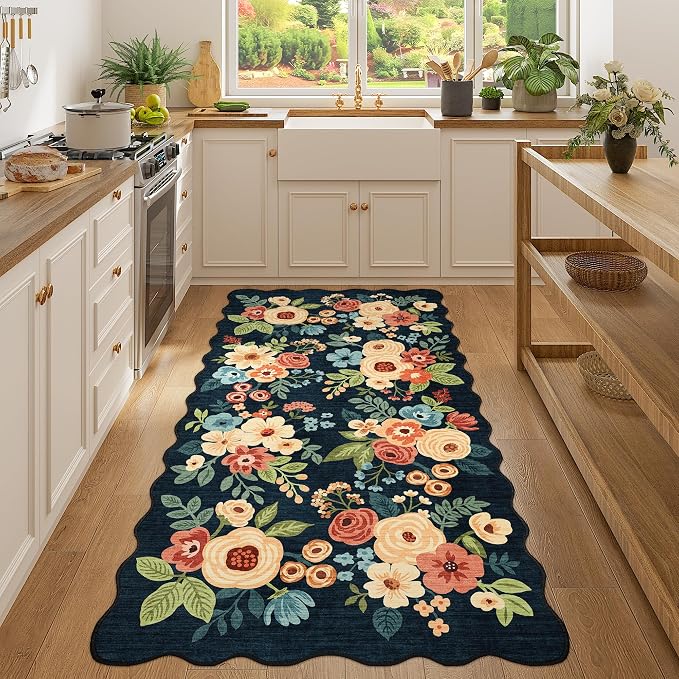 DUKINO 3x6 Hallway Runner Rug, Washable Kitchen Rug Non Slip, Navy Blue | Low Pile, Stain Resistant, Soft Floral Throw Rugs for Entryway, Bedroom, Bathroom, Laundry, Pet Friendly, Modern Home Decor