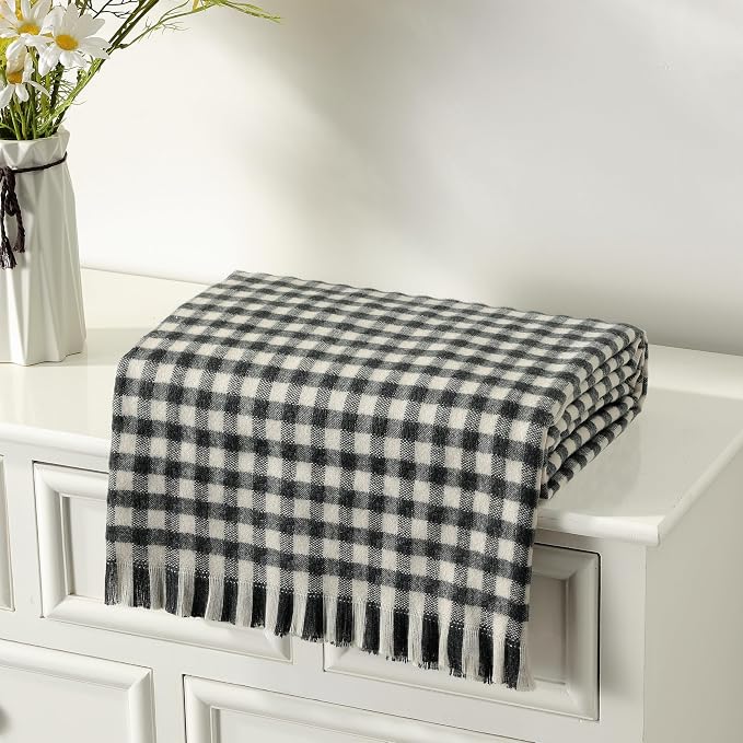 CREVENT Farmhouse Boho Knitted Throw Blanket for Couch Sofa Chair Bed Home Decoration, Soft Warm Cozy Light Weight for Spring Summer Fall (50''X60'' Plaid Black)