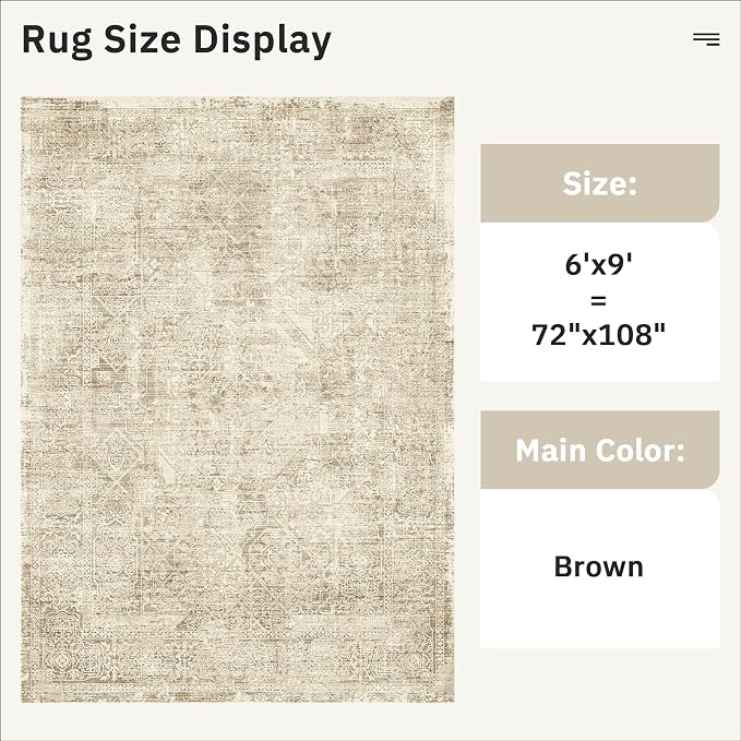 Soalmost 6x9 Area Rug for Living Room Washable Non-Slip Rugs Light Brown | Low-Pile Vintage Carpet for Dining Bedroom, Foldable Thin Stain Resistant Floor Mat Under Table Home Office Nursery Decor
