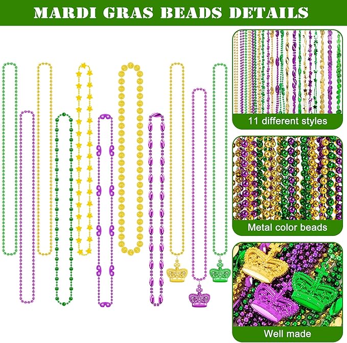 200PCS Mardi Gras Beads, Green Purple Gold Metallic Mardi Gras Beads Necklaces Accessories Bulk, Mardi Gras Beads Necklace Accessories for Parade Throws Party Decorations Supplies Favors