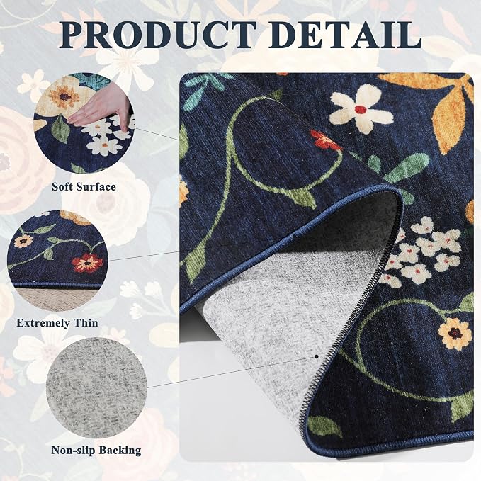 DUKINO 3x5 Area Rug, Floral Washable Rug for Bedroom Non Slip, Navy Blue | Soft, Stain Resistant Low Pile Indoor Rug for Entryway, Bedroom, Bathroom, Living Room, Pet Friendly, Home Decor, Lightweight