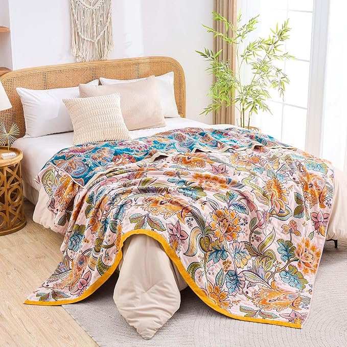 XIBLC Boho Throw Blanket for Bed, 100% Cotton Soft Rustic Quilt Fall Blanket, 60"x80" Floral Printed Farmhouse Decor Bed Blankets, All Season Rustic Reversible Bohemian Throw Quilt