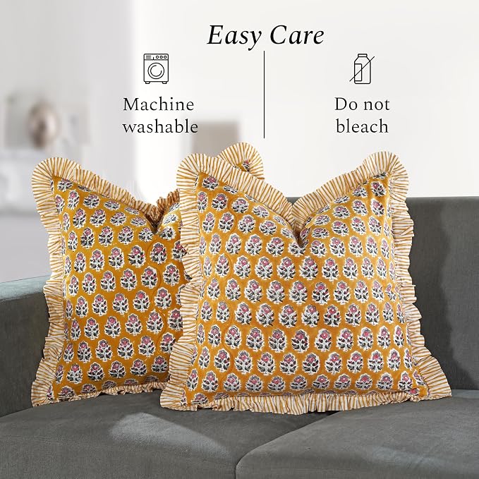 CPC Yellow Citrine Ruffle Throw Pillow Covers for Couch, 24x24 Inch Cotton Stripe Ruffle Couch Pillows for Living Room, Hidden 20 Inch Zipper Boho Pillow Case or Cute Outdoor Ruffle Pillows