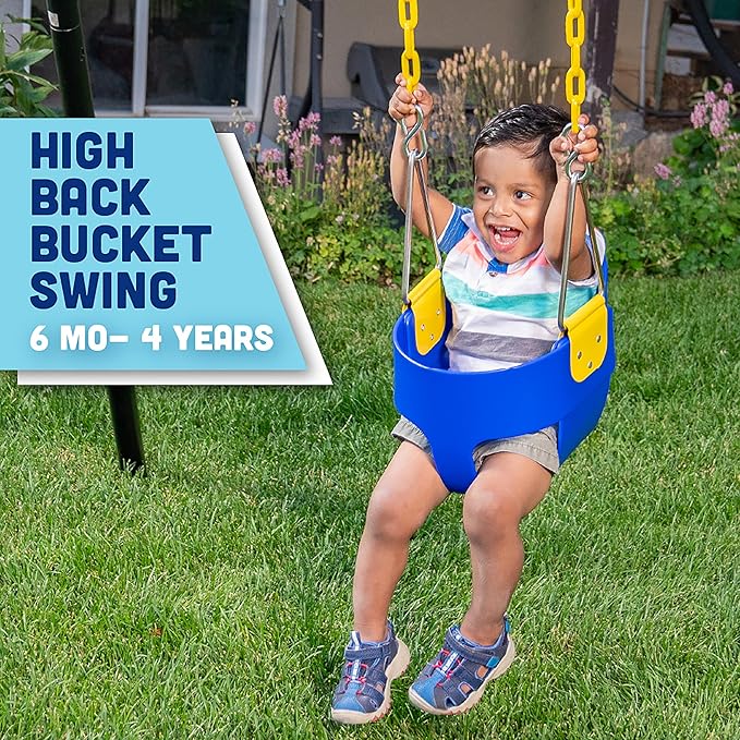 Squirrel Products High Back Full Bucket Toddler Swing Seat with Plastic Coated Chains - Swing Set Additions & Replacements - Outdoor Play Equipment - Blue