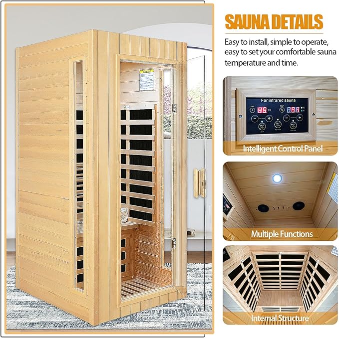 Far Infrared Sauna 1 Person Infrared Sauna Room Canadian Hemlock Wooden Sauna for Home, 1300W Low-EMF Indoor Saunas with Control Panel, Bluetooth Speakers, LED Reading Lamp, Tempered Glass Door