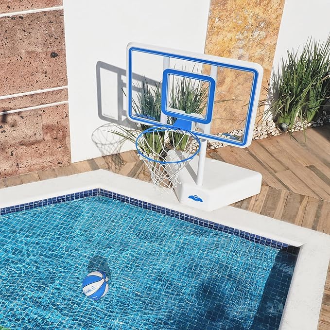 Dunn-Rite Splash & Shoot Clear Outdoor Adjustable Height Swimming Pool Basketball Hoop w/Ball, Base, & 18 Inch Stainless Steel Rim, Blue