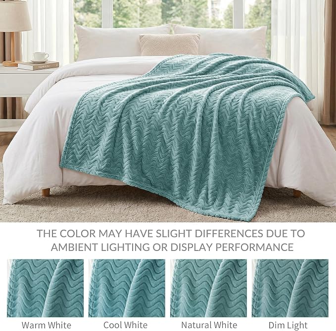 Exclusivo Mezcla Large Fleece Throw Blanket for Couch, Sofa, Celadon | 50"x70" Soft Breathable Lightweight Flannel Throws for Summer, Plush Cozy Jacquard Wave Blanket for Home Decor