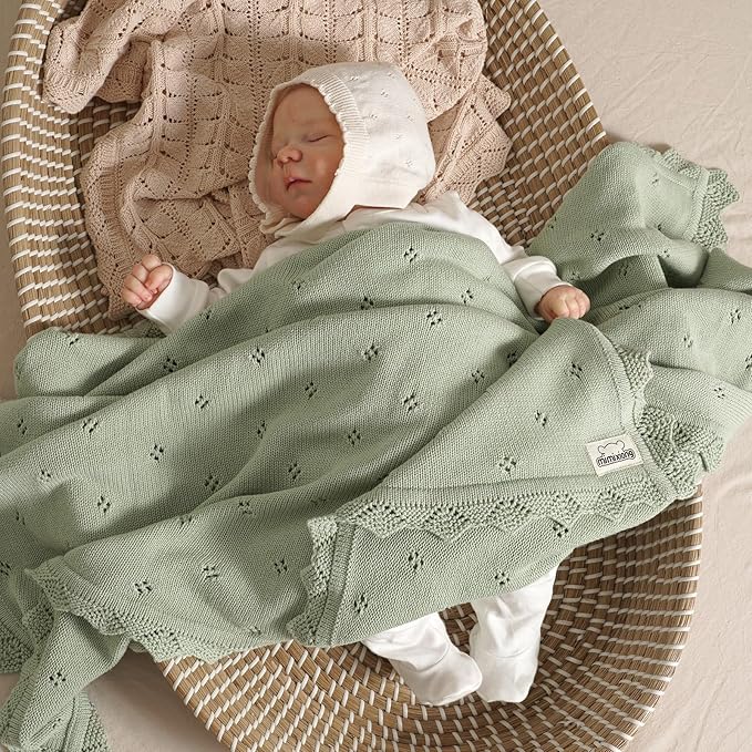 mimixiong Cotton Baby Blanket Knitted Crochet Receiving Crib Nursery Swaddling Blankets for Newborn Baby Boy Girl Sage Green 30x40 Inch