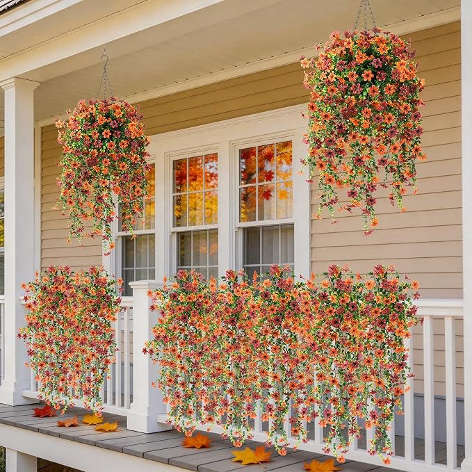 Artificial Fall Fake Flowers for Outdoor Decor,4 Pcs UV Resistant Faux Mums | Faux Hanging Flowers Outdoor Fall Decor, Look Real Autumn Silk Flower for Outside Home Porch Patio Yard Balcony Planter