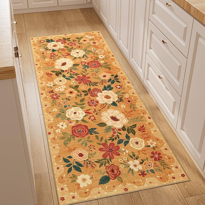 DUKINO 2x5 Runner Rug, Floral Washable Rug for Kitchen Non Slip, Orange | Low Pile, Soft, Stain Resistant Indoor Rug Runner for Entryway, Hallway, Bedroom, Bathroom, Laundry, Pet Friendly, Home Decor
