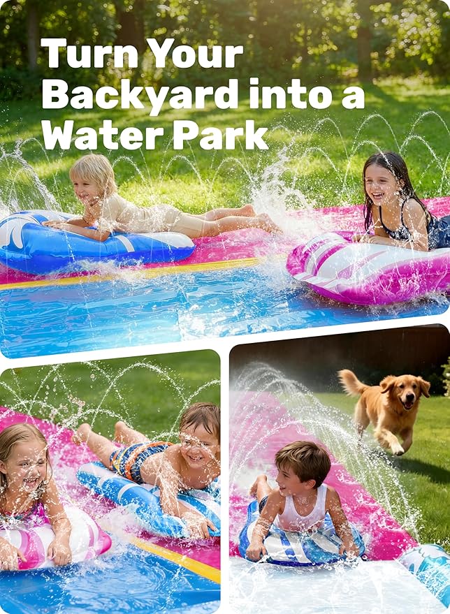 JOYIN 22.5FT Water Slide and 2 Inflatable Boards, Extra Long Heavy Duty Double Lawn Waterslide with Sprinkler for Kids Adults Backyard Summer Water Toy Outdoor Fun, Blue, Pink