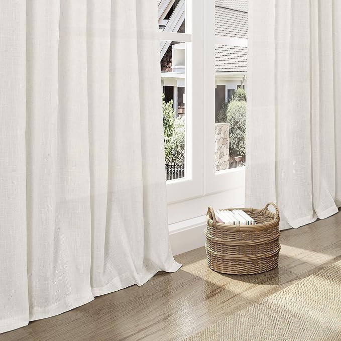 Linen Light Filtering Curtains 96 Inches Long 2 Panels Long Cream Semi Sheer Linen Blended Window Curtains Back Tab Rod Pocket Natural Cream Rustic Farmhouse Drapes for Living Room Bedroom 60x96