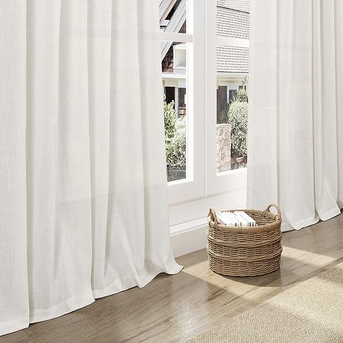 Nanspring Cream Linen Back Tab Curtains 85 Inch Length for Living Room 2 Panel Set Back Tab Rod Pocket Neutral Modern Farmhouse Window Curtain Privacy Semi Sheer Linen Drapes Rustic Curtain 52x85