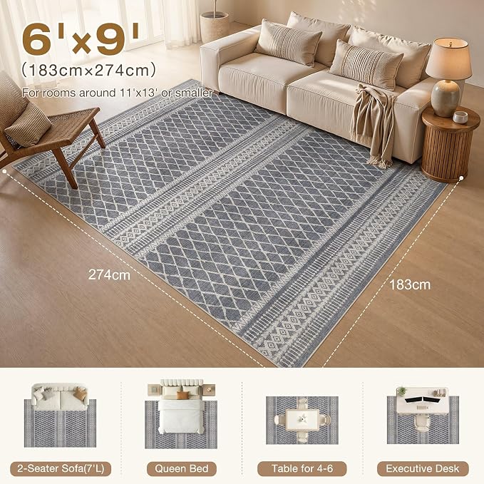 cotiled 6x9 Area Rugs Living Room Rug: Washable Boho Rugs with Non Slip Backing Large Soft Indoor Stain Resistant Carpet for Bedroom Farmhouse Dining Room Lightweight Home Decor Charcoal Grey