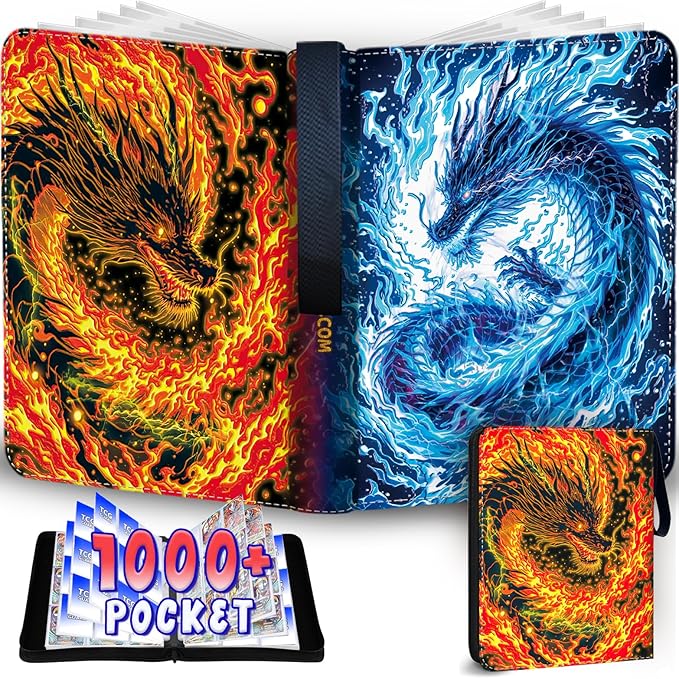1008 Card Binder 9 Pocket Trading Card Binder with 56 Page 3-Ring Removable Sleeves, High Storage Waterproof Card Holder Collection Card Album Carrying Organizer Case for MTG TCG Cards - Double Dragon