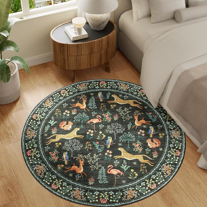 DUKINO 5ft Round Rug, Washable Animal Non Slip Circle Area Rug, Black | Low Pile, Soft, Non-Shedding Indoor Round Carpet for Bedroom, Living Room, Farmhouse, Farmhouse, Pet Friendly, Lightweight